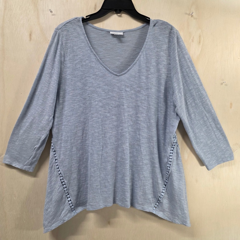 J. Jill Womens Linen Blend V-Neck Tunic Blue Crochet Trim 3/4 Sleeve Size L